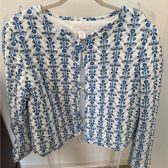 Caroline Constas Jackets & Blazers - Caroline Constas White and Blue Floral Tie-Front Top